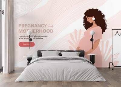 Beautiful pregnant black woman hugging her belly, concept of pregnancy and motherhood, vector illustration for doula, obstetrics, doctor. Modern landing page in flat cartoon design. Wall mural