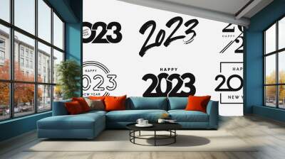 Big Set of 2023 Happy New Year logo text design. 2023 number design template. Collection of 2023 Happy New Year symbols. Vector illustration with black labels isolated on white background.  Wall mural