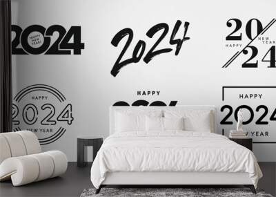 Big Set of 2024 Happy New Year logo text design. 2024 number design template. Collection of 2024 Happy New Year symbols. Vector illustration with black labels isolated on white background.  Wall mural