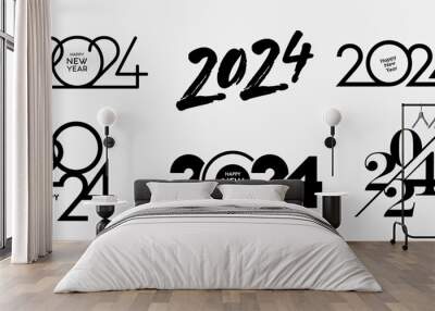 Big Set of 2024 Happy New Year logo text design. 2024 number design template. Collection of 2024 Happy New Year symbols. Vector illustration with black labels isolated on white background. Wall mural