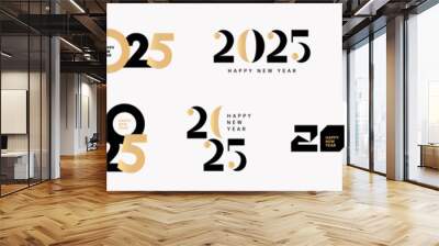 Big Set of 2025 Happy New Year logo text design. 2025 number design template. Collection of 2025 Happy New Year symbols. Vector illustration with black and gold labels isolated on white background. Wall mural