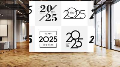 Big Set of 2025 Happy New Year logo text design. 2025 number design template. Collection of 2025 Happy New Year symbols. Vector illustration with black labels isolated on white background. Wall mural