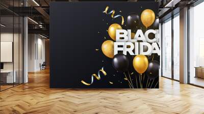 Black Friday Sale banner, poster, flyer design with gold and black 3d realistic flying balloons on black background. Modern design template for advertisement, social and fashion ads. Copy space Wall mural