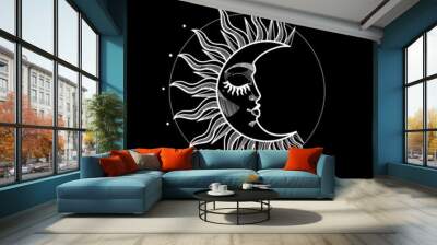 Boho symbol of the moon with rays, white hand drawing on a black background. Esoteric magic symbol, witch tattoo, mystic icon. Vector illustration. Wall mural