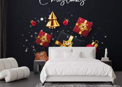 Christmas greeting card, poster, holiday cover, web banner. Xmas modern design with 3d realistic golden black and red gifts, golden conical christmas tree, balls, on black background with falling snow Wall mural