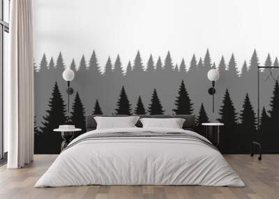 Coniferous forest silhouette. Forest background in aerial perspective. The design element of the park, forest, landscape. Flat vector illustration isolated on white background. Wall mural