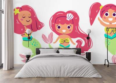 cute european red hair mermaids illustrations Wall mural