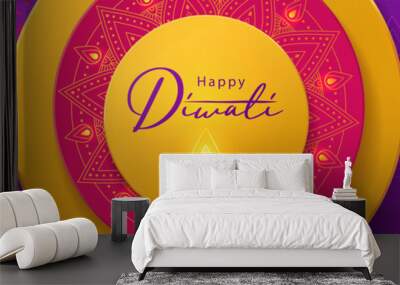 Diwali festival greeting design in paper cut style with beautiful bright lights, oil lamp (Diya) and flowers of lights. Holiday background for branding, greeting card, banner, cover, flyer or poster Wall mural