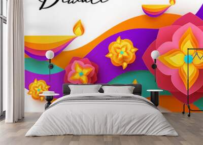 Diwali Hindu festival greeting design in paper cut style with oil lamps on colorful waves and beautiful flowers of lights. Holiday background for branding greeting card, banner, cover, flyer or poster Wall mural