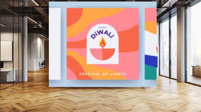 Diwali Hindu festival of lights greeting design set with oil lamp on colorful waves and hands holding diya. Trendy holiday background for branding, greeting card, web banner, cover, flyer or poster Wall mural