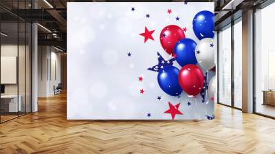 Festive design with helium balloons in national colors of the american flag and with pattern of stars on white background. USA greeting banner for sale, discount, advertisement, web. Place for text Wall mural