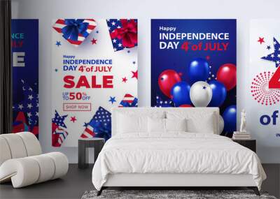 Fourth of July. 4th of July holiday banners, posters, cards or flyers Set. USA Independence Day design template for sale, discount, advertisement, social media, web. Place for your text. Wall mural