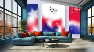 Fourth of July. 4th of July holiday set. Minimalist posters design template with fluid gradient in colors of american flag and stars. USA Independence Day backgrounds for greetings, sale, ads, promo Wall mural