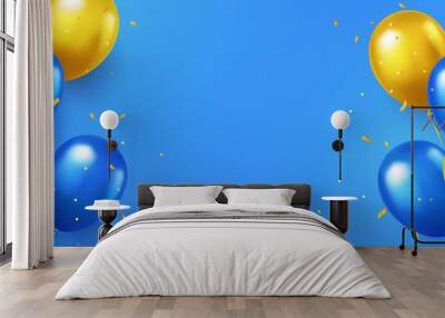 Greeting design in national blue and yellow colors with realistic flying helium balloons. Celebration, festival background, greeting banner, card, poster. Wall mural