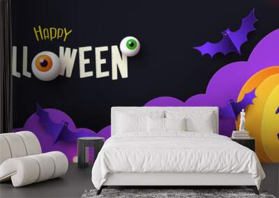 Halloween Promotion banner with cutest pumpkin and bats in night clouds on violet black background. Paper cut style. Halloween website Sale banner or header, horizontal poster template Wall mural