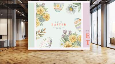 Happy Easter watercolor cards set with cute Easter rabbit, eggs, spring flowers and chick in pastel colors on light green, soft pink and white background. Isolated Easter watercolor decor elements Wall mural