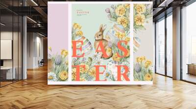 Happy Easter watercolor cards set with cute Easter rabbit, eggs, spring flowers in pastel colors on light green, soft pink and beige background. Easter watercolor posters, covers, labels templates set Wall mural