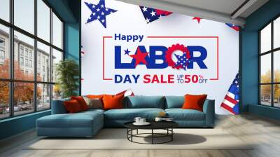 Happy Labor Day Sale banner. Festive design with gift boxes in national colors of american flag and pattern of stars. USA banner for sale, discount, advertisement, web. Place for text Wall mural