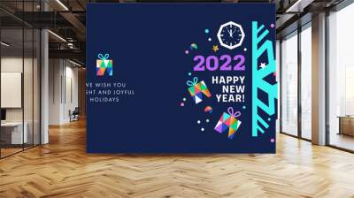 Happy New Year 2022 banner, greeting card, poster, holiday cover. Modern Christmas design in geometric style with triangle pattern, clock face, gifts, snowflake and confetti on dark blue background Wall mural