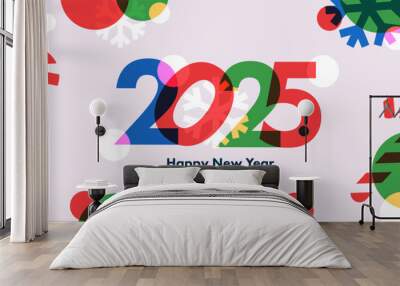 Happy New Year 2025 greeting banner. Trendy modern Xmas design with 2025 typography, overlay elements, candy cane, snowflake, Christmas tree. Horizontal poster, greeting card, header for website Wall mural