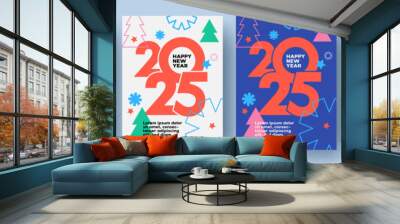 Happy New Year 2025. Set of modern trendy Xmas card, banner, cover, poster in bright open colors and geometric minimalist style with simple shapes of snowflakes, Christmas tree and number 2025 design. Wall mural