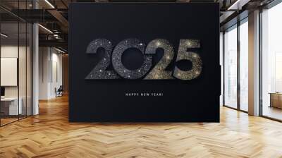 Happy New Year modern design with 2025 logo made of glittering black and gold numbers on night sky background. Minimalistic trendy background for branding, banner, cover, card Wall mural