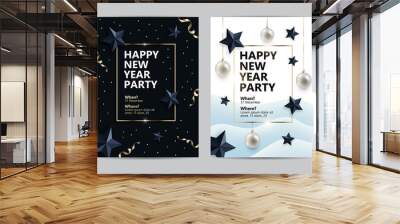 Happy New Year party flyers, cards, invitations with festive elements - confetti and gold tinsel, black stars, christmas balls. Posters in two variants of colors: black and white. Vector eps10 Wall mural