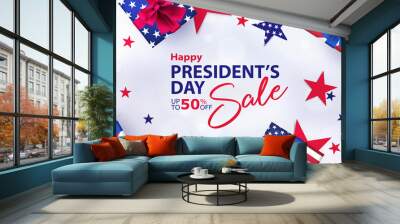 Happy Presidents Day Sale banner. USA Presidents Day holiday background with bright helium balloons, gift boxes, confetti stars. Design for sale, discount, advertisement, web. Place for text Wall mural