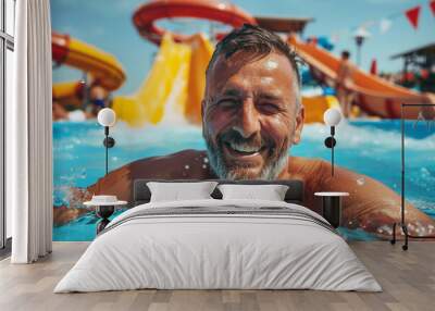 Happy smiling mature bearded man at water park. Summer vacation Wall mural