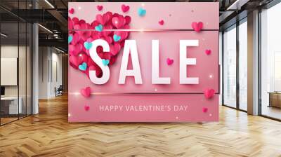 Happy Valentine's Day Sale background, banner, poster or flyer design with pink and blue origami hearts and gold glitter. Paper art, digital craft style. Vector illustration Wall mural