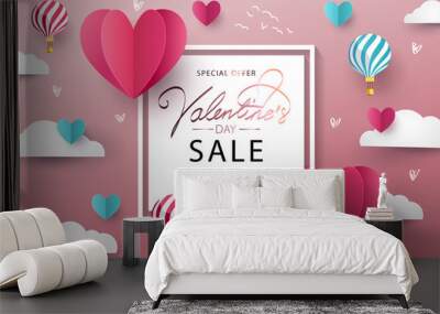 Happy Valentine's Day Sale background. Banner, poster or flyer design with flying Origami Hearts over clouds with air balloons in the sky. Paper art, digital craft style. Vector illustration - Векторн Wall mural