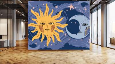 Heavenly banner sun and moon with a face, mystical background with stars for tarot, astrology, zodiac. Flat vector illustration, cute boho card, modern design. Wall mural