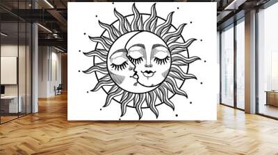 Heavenly sun and crescent moon with face, hand drawn engraving graphic stylization. Astrological vector illustration for witch, witchcraft, zodiac and horoscope. Vintage design. Wall mural