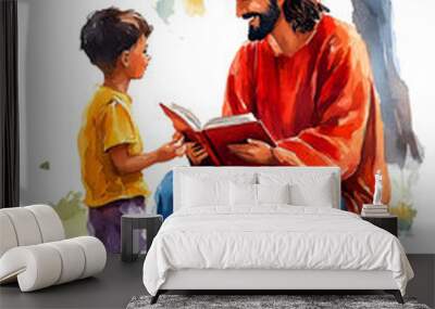 Jesus Christ reading to boy in a colorful and heartwarming watercolor painting. Religion, Christianity concept. Wall mural