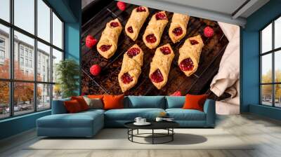 Kolacky with Raspberry. Pastry with jelly and cream. Polish Kolaczki cookies, freshly baked Wall mural