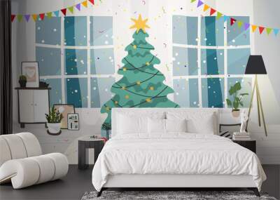 Living room interior decorated for the Christmas holiday. Christmas tree with gifts inside the house, modern interior with furniture and a window. Flat vector illustration Wall mural