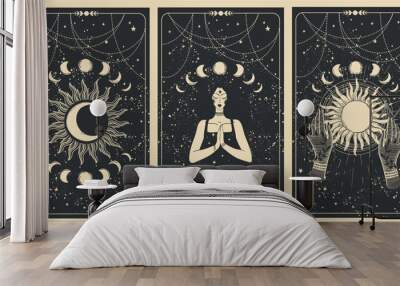 Magic banner with sun, moon and meditating woman, set of tarot cards, celestial boho background for astrology, fortune telling. Flat hand drawn vector illustration. Wall mural