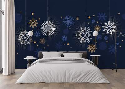 Merry Christmas and Happy New Year background, greeting card, poster, holiday cover. Design template with border made of beautiful snowflakes in modern flat line art style. Xmas decoration. Vector Wall mural