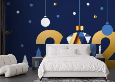 Merry Christmas and Happy New Year banner, greeting card, poster, holiday cover, header. Modern Xmas design in geometric style with triangle pattern, Christmas tree, ball, snow and 2023 number on blue Wall mural