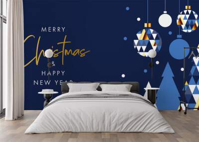 Merry Christmas and Happy New Year banner, greeting card, poster, holiday cover, header. Modern Xmas design in geometric style with triangle pattern, Christmas tree, ball, snow on night sky background Wall mural