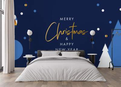 Merry Christmas and Happy New Year banner, greeting card, poster, holiday cover, header. Modern Xmas design in geometric style with triangle pattern, Christmas tree, ball, snow on night sky background Wall mural