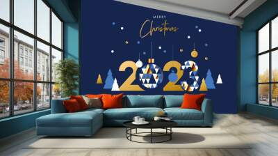 Merry Christmas and Happy New Year banner, greeting card, poster, holiday cover. Modern Xmas design in geometric style with triangle pattern, Christmas tree, ball, snow and 2023 number on night blue  Wall mural