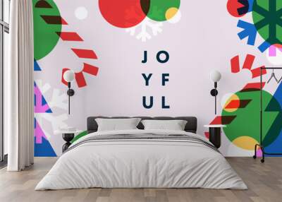 Merry Christmas and Happy New Year banner. Trendy modern Xmas design with typography, overlay elements, candy cane, snowflake, Christmas tree. Horizontal poster, greeting card, header for website Wall mural