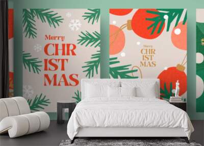 Merry Christmas and Happy New Year greeting card Set. Modern beautiful Xmas design with typography, Christmas tree branches, balls, snowflake pattern. Minimal art banner, poster, cover templates Wall mural