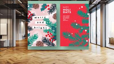 Merry Christmas and Happy New Year greeting card Set. Modern beautiful Xmas design with typography, Christmas tree branches, winter plant, snowflake pattern. Minimal art banner, poster, cover template Wall mural