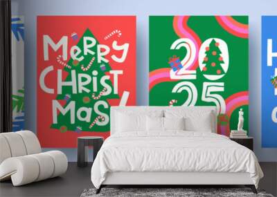 Merry Christmas and Happy New Year greeting card Set. Modern typography Xmas design with beautiful doodle elements, Christmas tree, gifts, balls, snowflakes. Minimal banner, poster, cover template. Wall mural