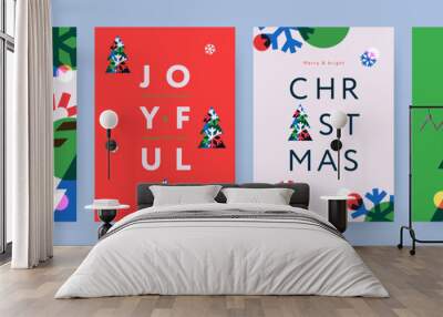 Merry Christmas and Happy New Year Set of backgrounds, greeting cards, posters, holiday covers. Design templates with typography, season wishes in modern minimalist style for web, social media, print Wall mural