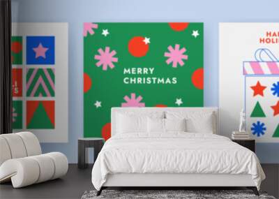 Merry Christmas and Happy New Year Set of greeting card, poster, holiday cover. Modern Xmas design in simple geometric style in green, red, pink and blue colors for ads, sales, print, season greetings Wall mural