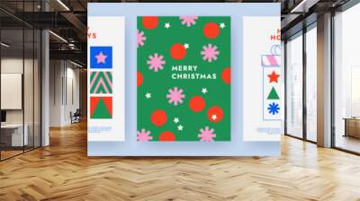 Merry Christmas and Happy New Year Set of greeting card, poster, holiday cover. Modern Xmas design in simple geometric style in green, red, pink and blue colors for ads, sales, print, season greetings Wall mural