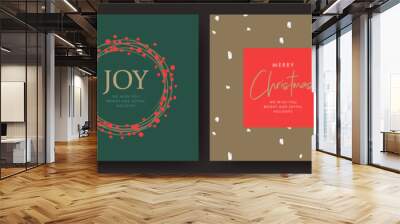 Merry Christmas and Happy New Year Set of greeting cards, posters, holiday covers. Elegant Xmas design in green, red and gold colors with hand drawn fir branches, Christmas wreath, brush painted snow  Wall mural